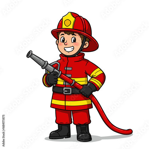 Smiling Cartoon Firefighter Holding Hose in Uniform Illustration