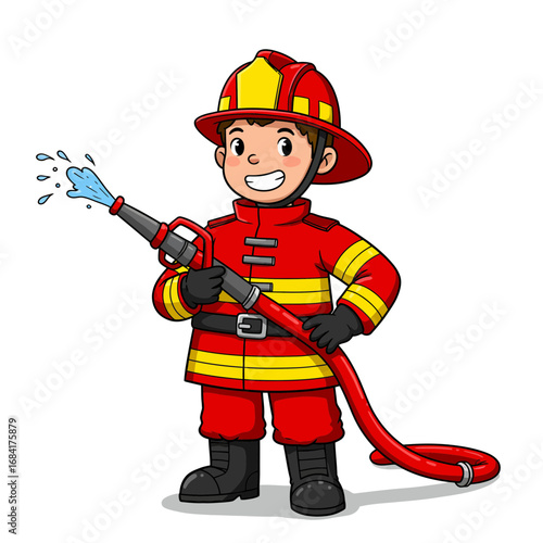 Smiling Cartoon Firefighter Holding Hose in Uniform Illustration