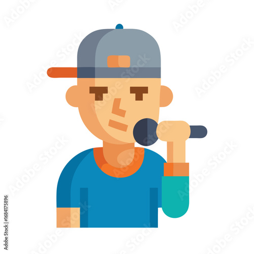 Vector art of a stylized illustration of a young man wearing a baseball cap and holding a microphone, ready to perform