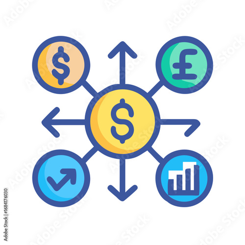 Vector art of a financial concept illustration showing currency symbols connected by arrows, symbolizing exchange and growth