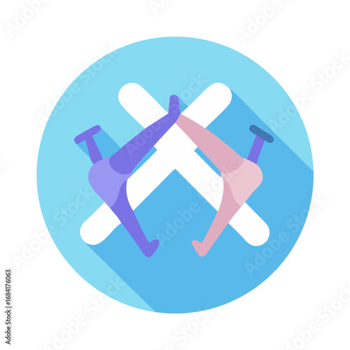 Vector art of two stylized figures with purple and pink legs highfive each other in a circular graphic with a blue background and a white abstract shape