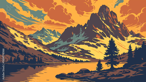 Mountain Lake Sunset Landscape Nature Scene Golden Hour View Retro Illustration Vector Art Peaceful Scenery Tranquil Waters Majestic Peaks Serene Environment Outdoor Recreation.