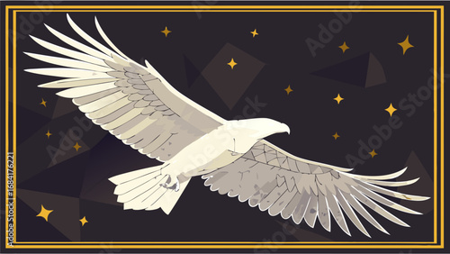 Stylized Eagle in Flight Against Night Sky with Stars and Geometric Background.