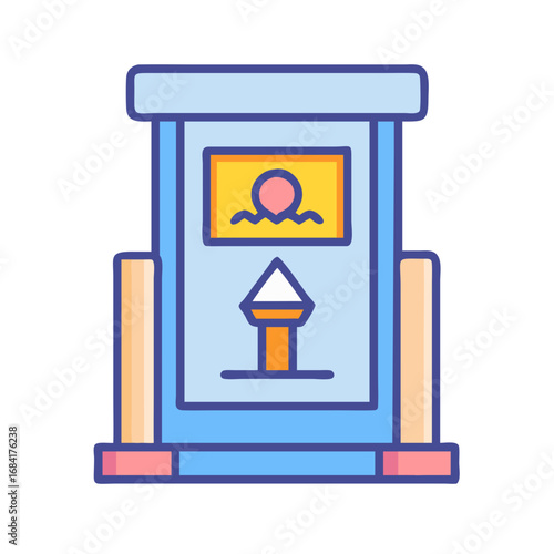 Vector art of a modern blue information kiosk with a screen displaying a stylized map and a directional arrow, set against a white background