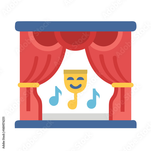 Vector art of a colorful illustration of a theater stage with red curtains, a happy mask, and musical notes