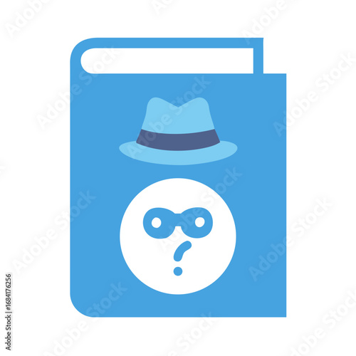 Vector art of a blue book with a fedora hat and a question mark symbol, representing mystery and intrigue