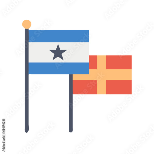 Vector art of two national flags, one with a star, flutter sidebyside on poles, symbolizing international relations and cooperation