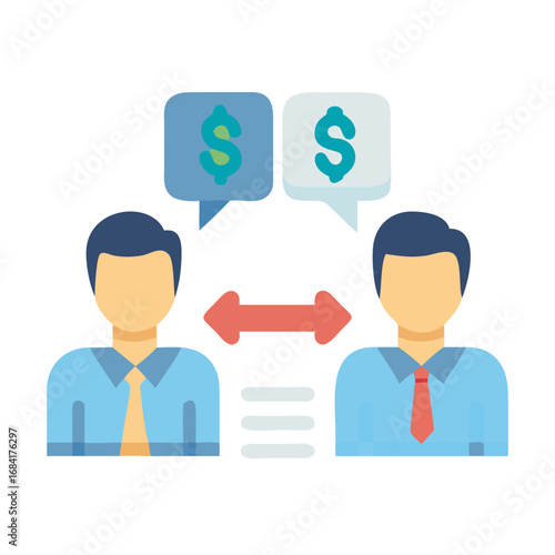 Vector art of two businessmen in conversation about financial exchange and monetary transactions