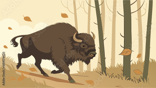 Bison Running Through Autumnal Forest Wildlife Illustration for Nature Conservation and Fall Designs.