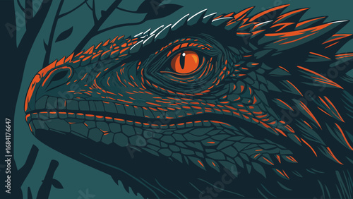 Stylized Reptile Portrait Fantasy Creature Dark Green Scales Orange Accents Glowing Eye Forest Background Mythological Beast Illustration Graphic Design Vector Art Print Poster Wallpaper Game Asset B.