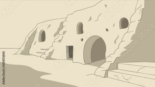 Illustration of a dwelling in a desert landscape.