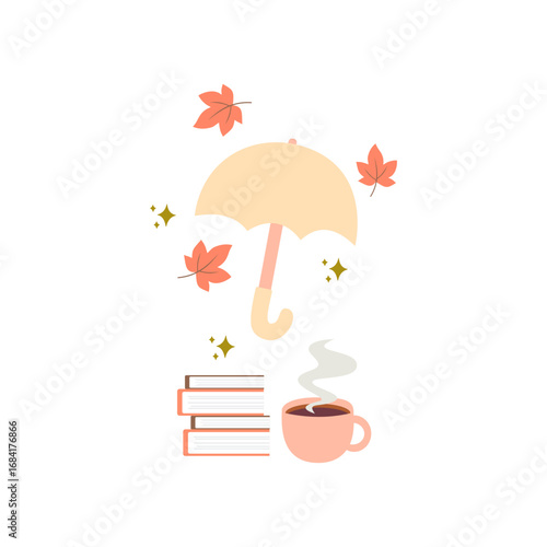 Cozy Autumn Vector with Umbrella, Falling Leaves, Books and Coffee Cup for Seasonal Design