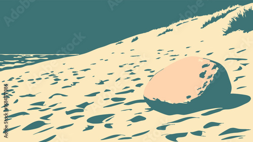 Abstract beach scene with a large boulder and footprints in the sand minimalist coastal illustration.
