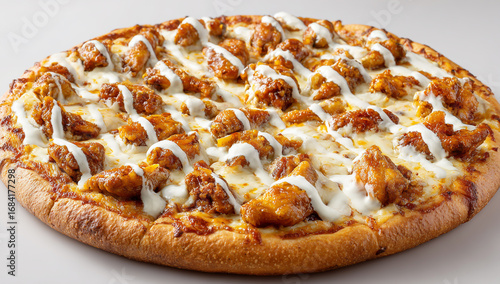 Deliciously prepared buffalo chicken pizza with melted cheese and a crispy crust isolated on white background