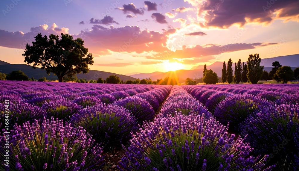 Naklejka premium A vast expanse of purple lavender fields at sunset, with a lone tree standing tall in the center, bathed in golden sunlight.