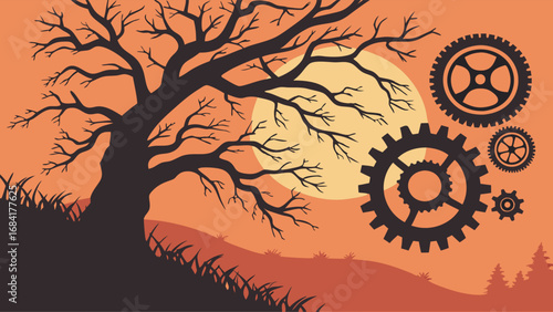 Stylized Sunset Landscape with Gears and Bare Tree Silhouette Illustration.