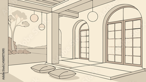 Modern Outdoor Terrace Illustration with Landscape View.