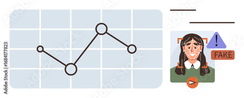 Wallpaper Mural Line graph with data points, facial recognition image, warning labels, and fake detection alert. Ideal for technology, AI, data validation, cybersecurity, digital ethics media integrity simple flat Torontodigital.ca