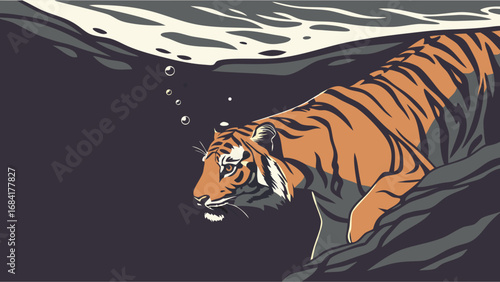 Stylized Tiger Submerged in Water Wildlife Art Big Cat Illustration.