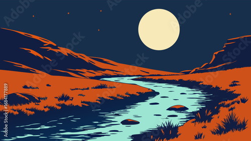 A Peaceful Night Landscape with a River.