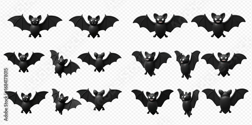 A collection of twelve 3D rendered bats in various flying poses.