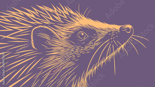 Elegant Graphic Illustration of a Hedgehog on a Purple Background.