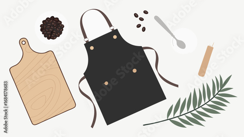 Flat lay of barista apron coffee beans cutting board and kitchen utensils minimalist design.