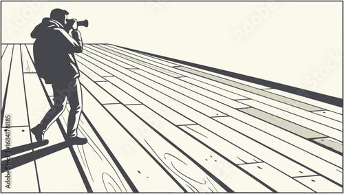 Photographer taking a picture on a wooden deck vector illustration graphic design artistic image.