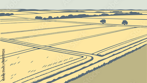 A Stylized Illustration of a Golden Field and Landscape.
