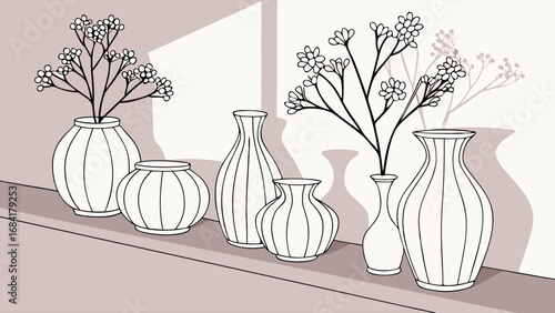 Still life illustration of vases with flowers on a shelf.