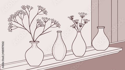 Elegant Floral Arrangement in Vases on Shelf.