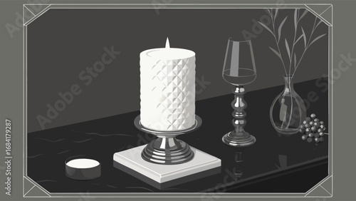 Stylish Still Life with Candle and Glassware.