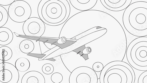 Airplane in flight abstract circles background travel journey vector illustration airliner monochrome transportation design element graphic aircraft aviation airline flight airplane design air travel.