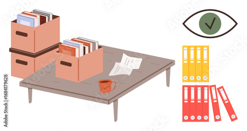 Table with file boxes, documents, a coffee mug, and colorful file folders. Eye checkmark symbolizes review, tracking, and organization. Ideal for productivity, office work filing reviewing
