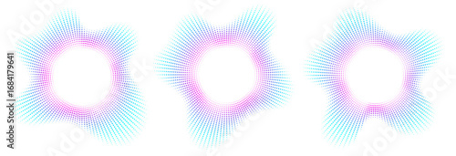 Sound equalizer icons with lines and dots, gradient neon circular sound wave frames, abstract radial music icons. Audio beat symbol concept isolated on white. Vector illustration.