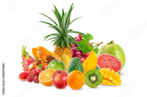 Assortment of exotic fruits isolated on white background. Healthy fruits concept