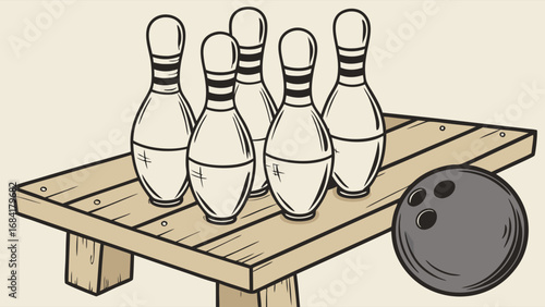 Bowling pins and ball on wooden table classic game illustration sport graphic design vector art.