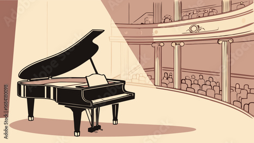 Grand Piano on Stage Concert Hall Illustration Musical Performance Classical Music Artwork.