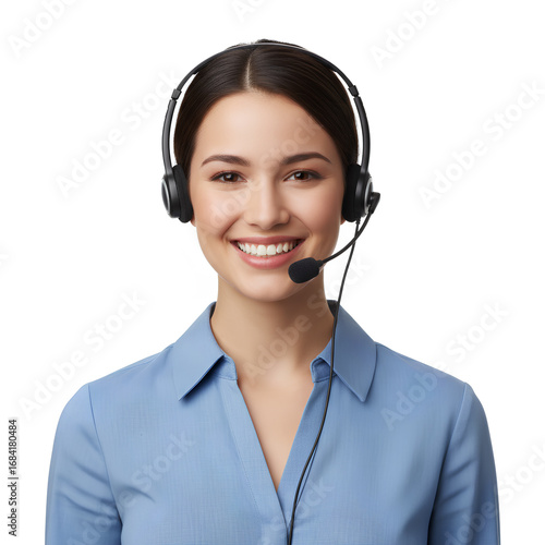 A friendly young call center operator wearing a headset and smiling at the camera, isolated on a white background