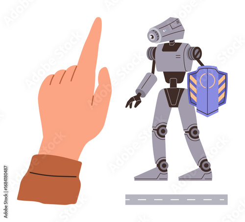 Human hand interacts with AI-powered robotic guard equipped with shield for protection. Ideal for technologies, robotics, AI, innovation, security, automation, future concepts, simple flat metaphor