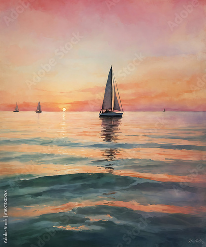 Sailboat gracefully sailing on the sea at sunset with colorful sky