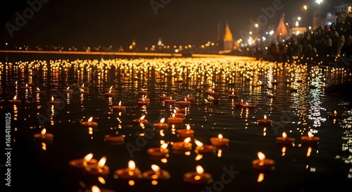 Floating Oil Lamps (Diyas) on the Ganges River with Bokeh Lights of Varanasi in Background
