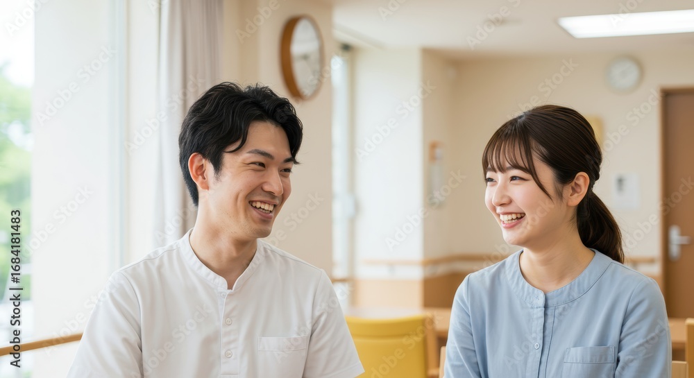 Obraz premium 介護士や看護師が高齢者施設や病院で楽しそうに働いている