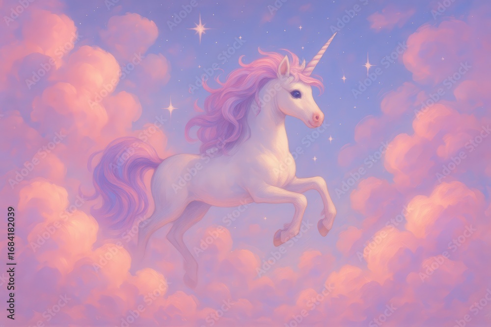 Fototapeta premium Magical unicorn-themed sky with cotton candy clouds in pastel pink and lavender hues