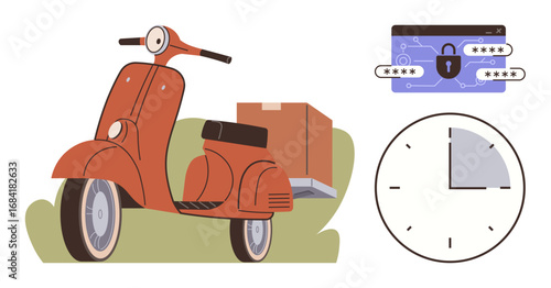 Red scooter carrying delivery package, password interface for digital security, and clock symbolizing time management. Ideal for delivery, logistics, e-commerce, technology, punctuality, automation