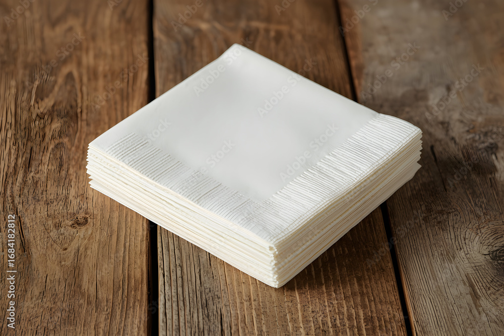 Fototapeta premium Clean presentation of a stack of white napkins placed on a rustic wood table surface