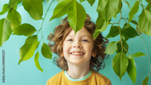 Uma criança sorrindo sob folhas verdes