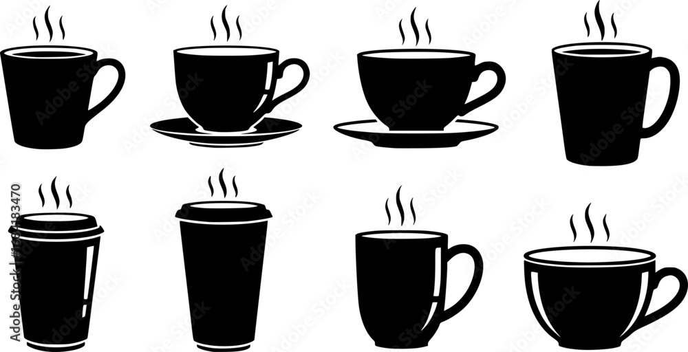 Obraz premium Coffee cup silhouette, Coffee and tea cups silhouette, Coffee and tea cups svg, Coffee cup svg, Tea cup silhouette, Teacup svg, Ceramic cups silhouette, Tea and coffee cup icon set.