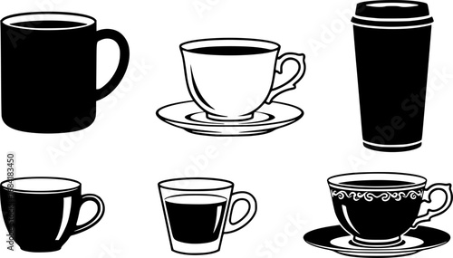 Coffee cup silhouette, Coffee and tea cups silhouette, Coffee and tea cups svg, Coffee cup svg, Tea cup silhouette, Teacup svg, Ceramic cups silhouette, Tea and coffee cup icon set.