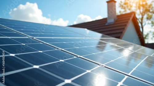 Solar panels producing clean energy on a roof of a residential house